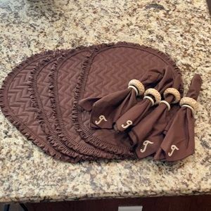 4 Piece Brown Placemats, Monogrammed Napkins and Cream Wicker & Plastic Rings